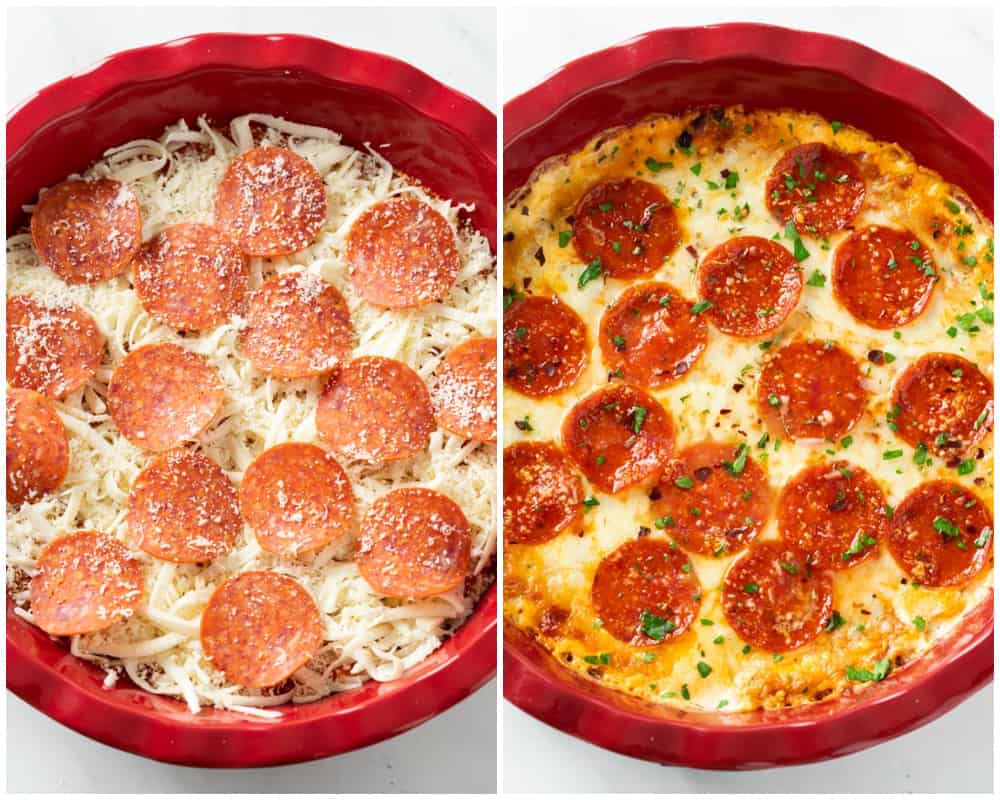 Trempette à pizza garnie de pepperoni dans une assiette à tarte avant et après la cuisson.