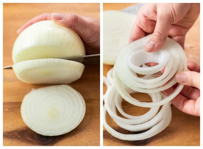 Couper un oignon en lanières pour une recette de rondelles d'oignon.