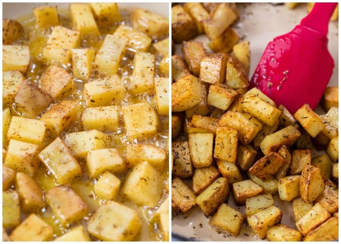 Pommes de terre assaisonnées cuire dans une poêle jusqu'à ce qu'elles soient croustillantes.